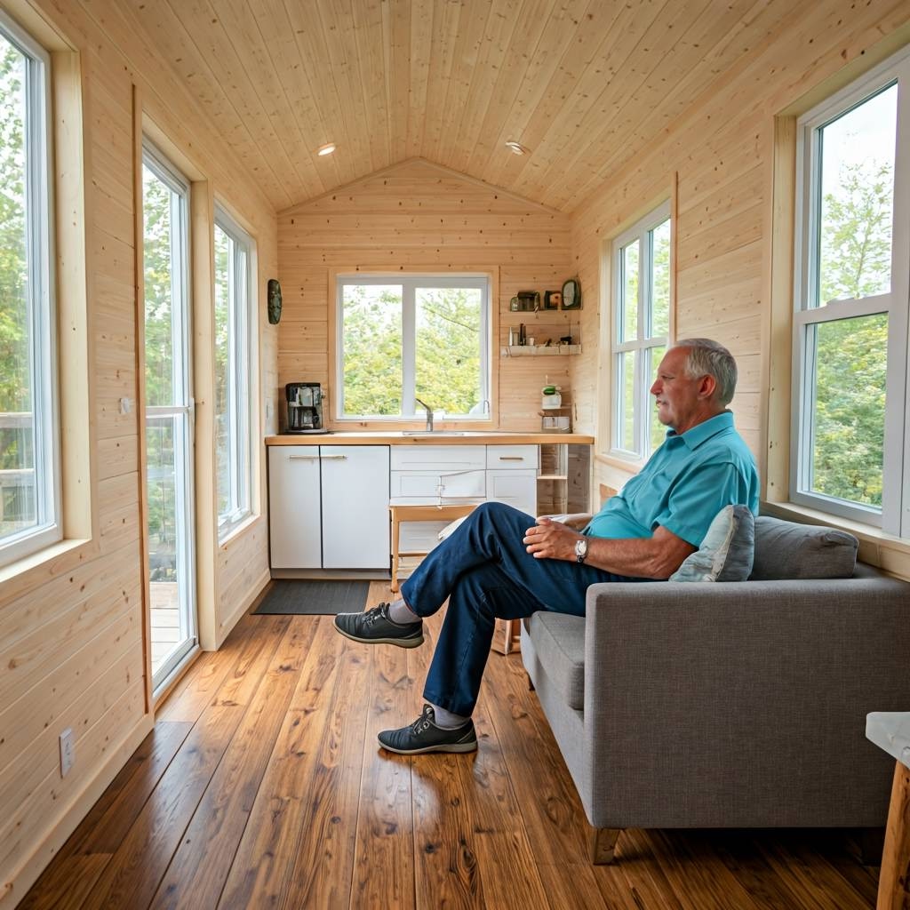 Das Bild zeigt das helle und einladende Innere eines barrierefreien Tiny Houses mit einem älteren Mann, der sich in seinem komfortablen Zuhause entspannt.