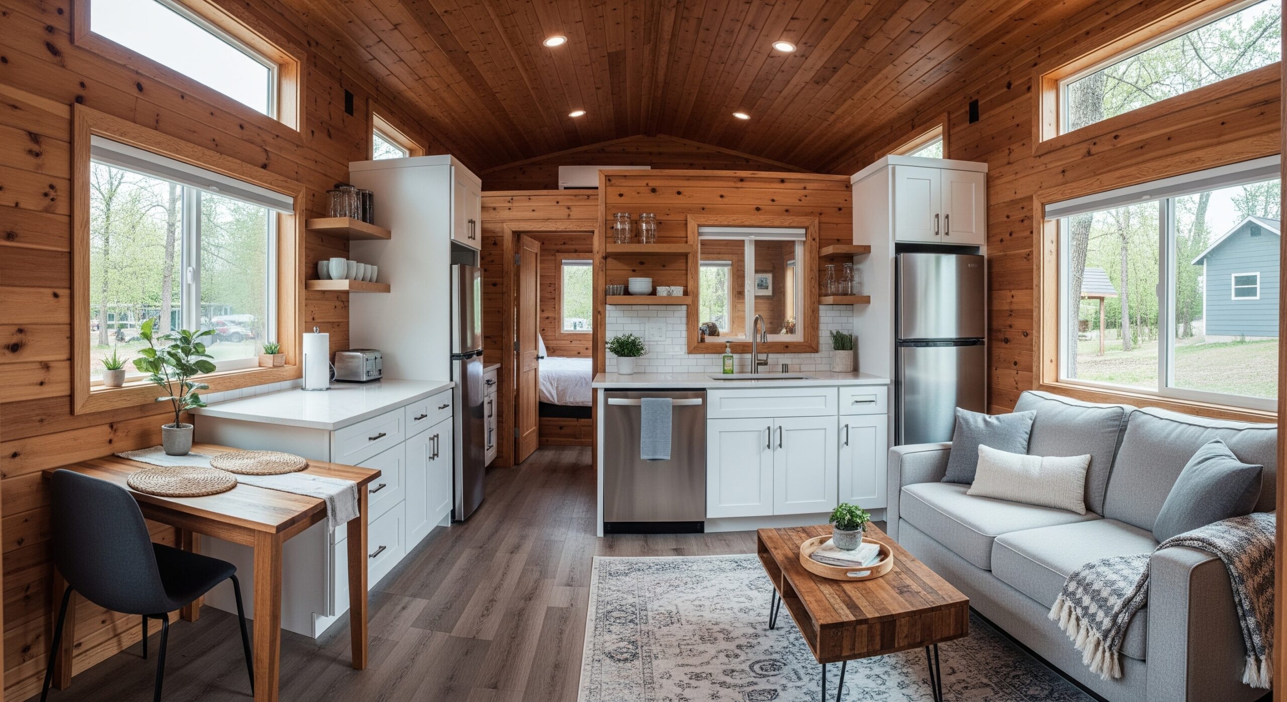Eine Weitwinkelperspektive fängt ein helles und einladendes Inneres eines Tiny Houses ein und zeigt ein durchdachtes Design, das Geräumigkeit und Komfort betont. Das Innere zeichnet sich durch warme Holztöne an Wänden und Decken aus, die ein Gefühl von Wärme und natürlicher Schönheit erzeugen. Eine funktionale Küchenzeile mit weißen Schränken und Quarz-Arbeitsplatten ist effizient untergebracht und demonstriert die intelligente Raumnutzung. Der Wohnbereich verfügt über ein bequemes, hellgraues Sofa, einen kleinen Couchtisch aus recyceltem Holz und einen weichen, gemusterten Teppich. Durch große Fenster, die durchdacht im Raum platziert sind, strömt natürliches Licht, was das Gefühl von Offenheit verstärkt. Die Designelemente schaffen ein Gefühl von Ruhe und Gelassenheit und betonen eine einladende und nicht beengte Atmosphäre. Die Ästhetik deutet auf einen modernen und minimalistischen Stil hin und unterstreicht das Potenzial eines durchdachten Designs in einem kompakten Raum.