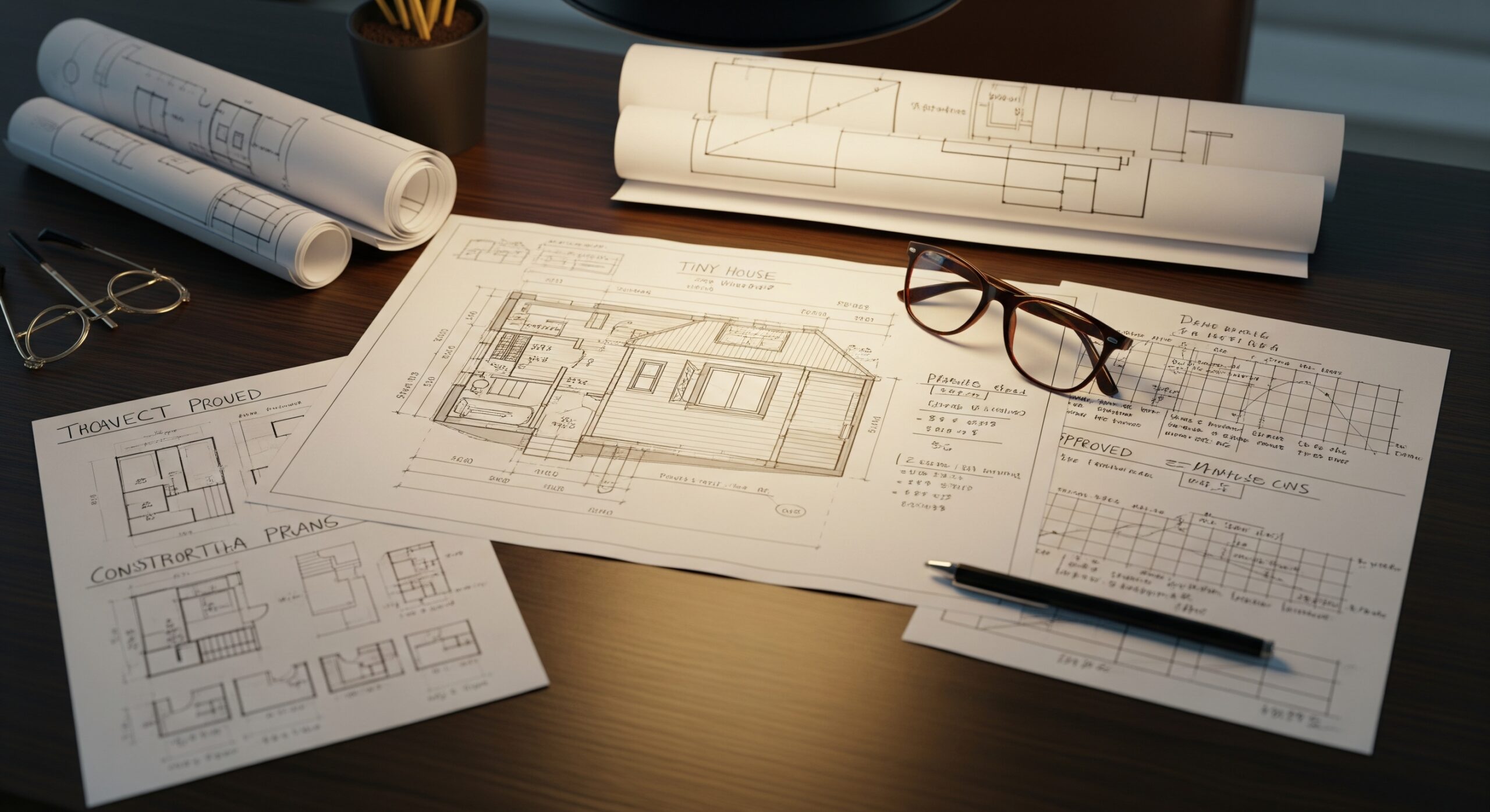 Ein Plan für ein Tiny House liegt akribisch auf einem eleganten Tisch aus dunklem Holz, beleuchtet von einem warmen Deckenlicht. Neben dem Bauplan liegt eine stilvolle Lesebrille mit Schildpattrahmen, die auf die intensive Konzentration hinweist, die für die Planung eines solchen Projekts erforderlich ist. Eine Sammlung sorgfältig verfasster Notizen, Skizzen und Berechnungen umgibt den Plan und veranschaulicht die verschiedenen Phasen des Entwurfs, der Genehmigung und des Baus für das kleine Haus. Das Bild vermittelt ein Gefühl der durchdachten Überlegung und der komplizierten Planung und betont die akribische Natur der Verwirklichung des Traums vom winzigen Wohnen. Die Komposition und die Beleuchtung erzeugen ein Gefühl von Ruhe und Absichtlichkeit, während der Architekt über den nächsten Schritt im Tiny-House-Projekt nachdenkt.