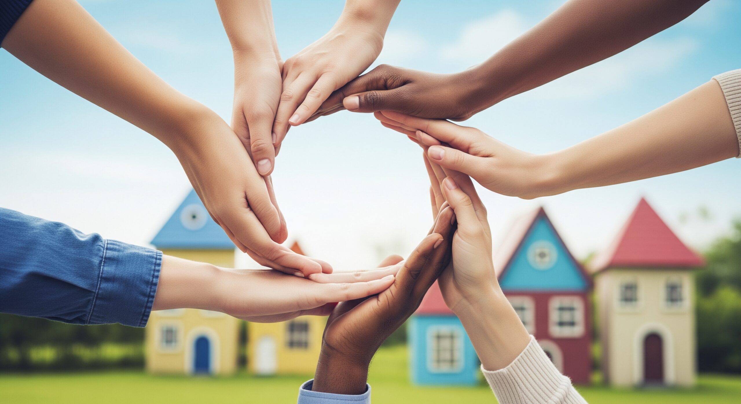 Ein symbolisches Bild, das mehrere Hände verschiedener Ethnien und Altersgruppen zeigt, die sich in der Mitte treffen und einen Kreis bilden, als Zeichen der Zusammenarbeit und Partnerschaft. Jede Hand ist akribisch detailliert und zeigt unterschiedliche Texturen und Schattierungen. Im verschwommenen Hintergrund befinden sich einige stilisierte, winzige, farbenfrohe Häuser mit skurrilen Designs, eingebettet in eine freundliche, lebendige Umgebung mit einer weichen, üppig grünen Wiese und pastellblauem Himmel. Die Farben sind weich und hell und erzeugen ein Gefühl von Ruhe und Vertrauenswürdigkeit. Die Beleuchtung ist natürlich und sanft und wirft einen sanften Schein auf die Szene. Die Komposition konzentriert sich auf die Hände mit einem subtilen Bokeh-Effekt für eine verträumte, inspirierende Wirkung. Das Gesamtbild vermittelt ein Gefühl von Einheit, Hoffnung und Zusammenarbeit. Das Bild ist mit professioneller Fotografie und einer weichen, nostalgischen Farbpalette für eine aussagekräftige Ästhetik aufgenommen.